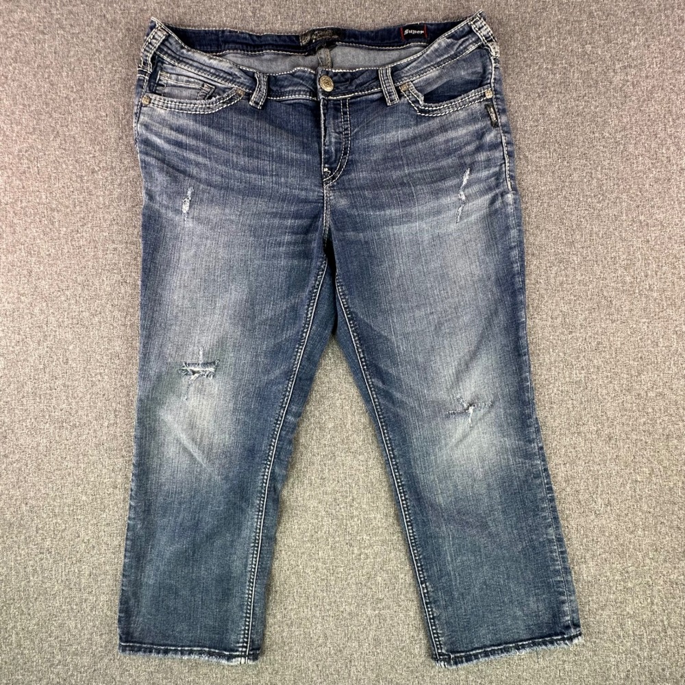 Silver Jeans Co. Capri Women 16 Aiko Mid Blue Distressed Super Stretch
